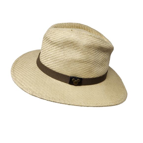 Disney Woven Fedora Panama Hat Adult Size Micky Mouse Metal Logo Brown Belt Trim - Picture 3 of 11